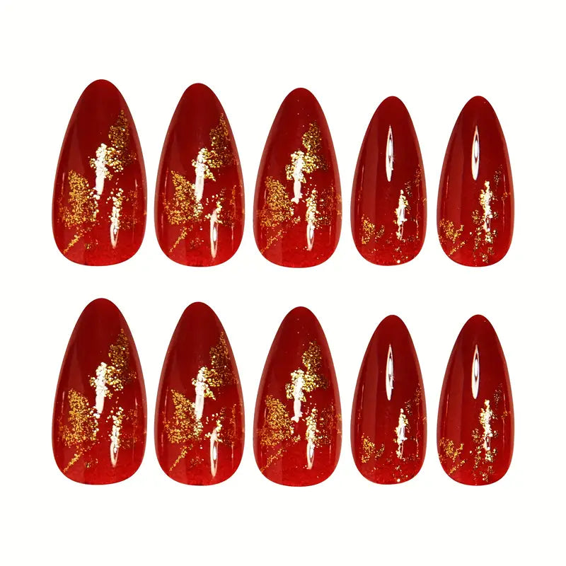RED WITH GOLDEN LEAF NAILS