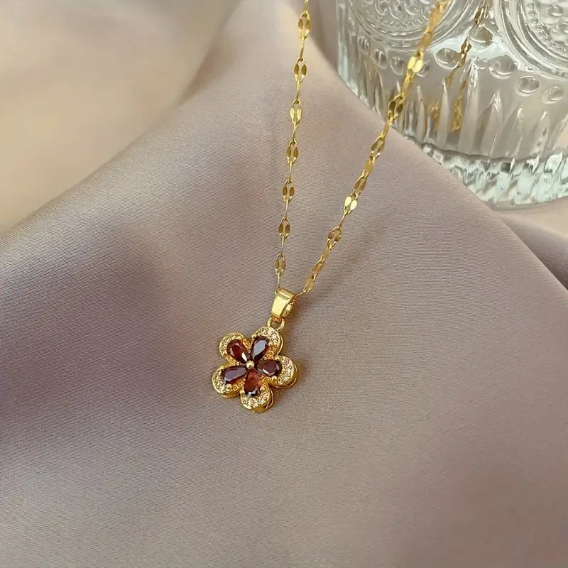 FIVE PETAL RED PENDANT NECKLACE