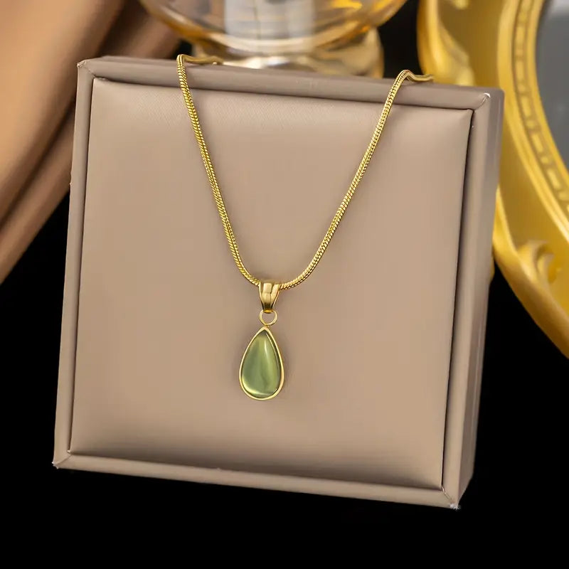 TEARDROP MOON EYE GREEN PENDANT NECKLACE
