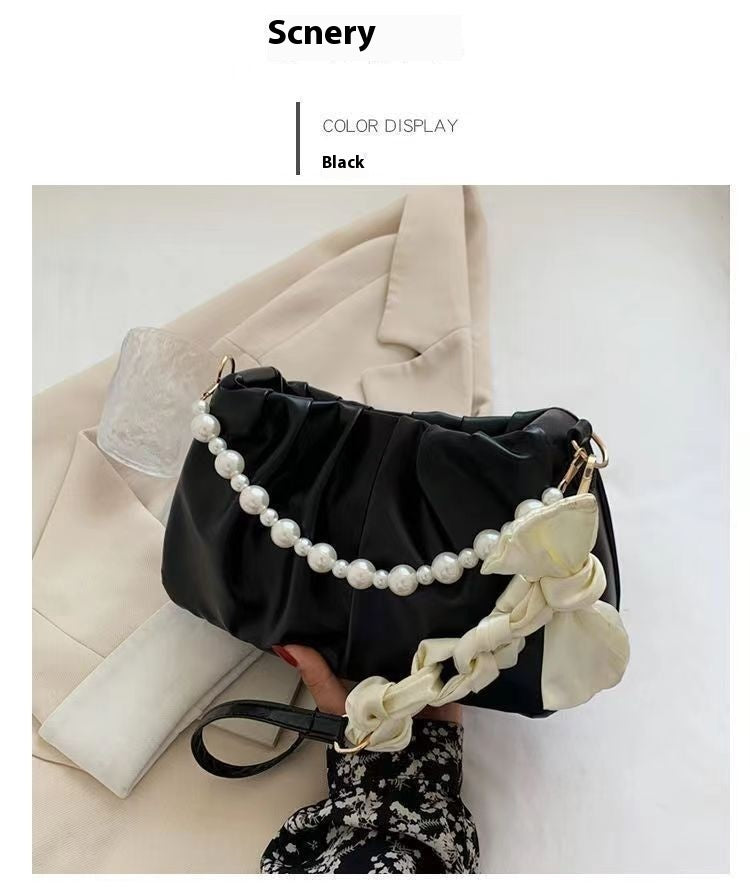 New Summer High-grade Pearl Pleated Cloud Shoulder Handbag
