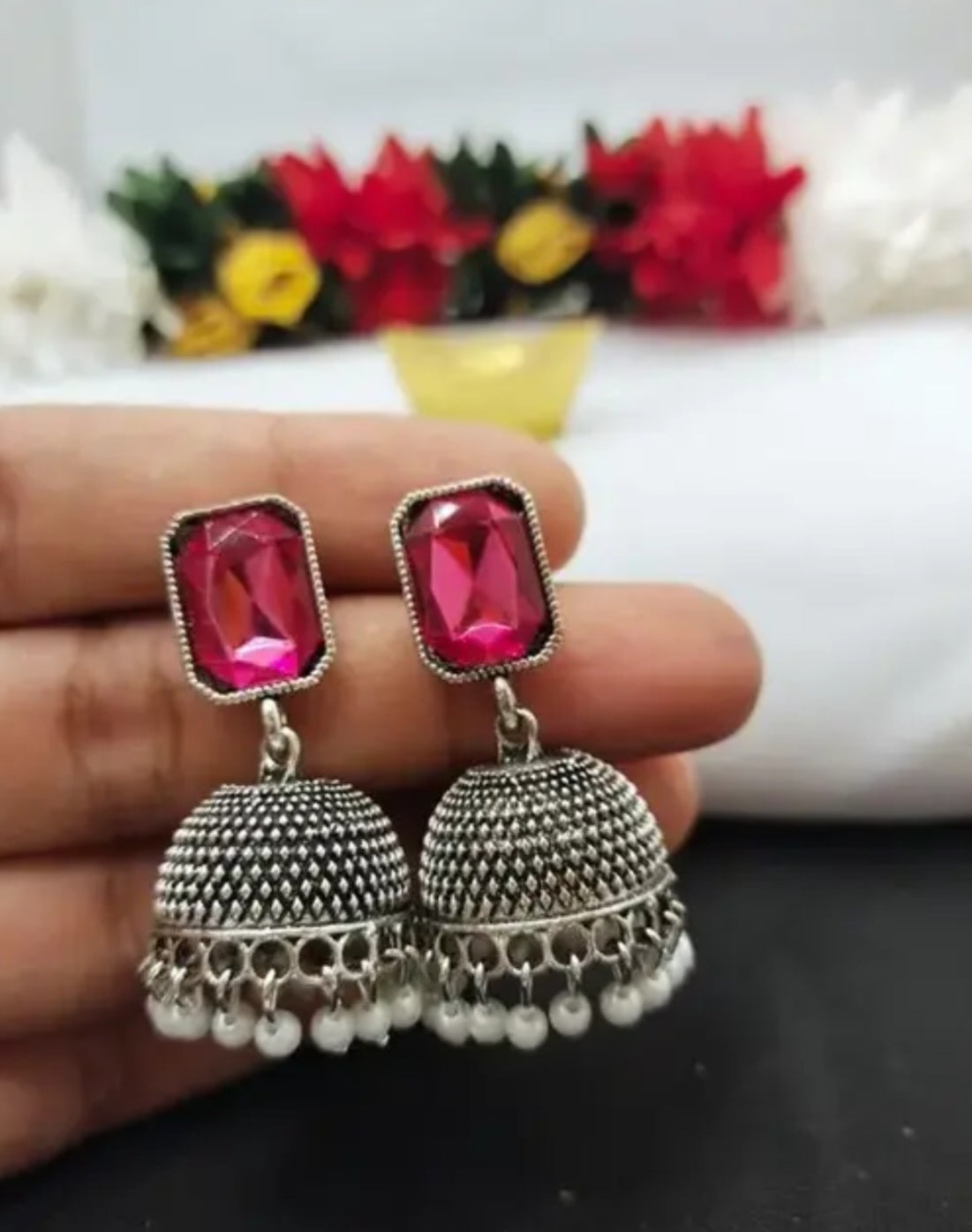 Colorful Oxidised Jhumkas With Articial Stones