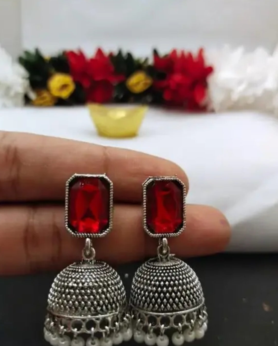 Colorful Oxidised Jhumkas With Articial Stones