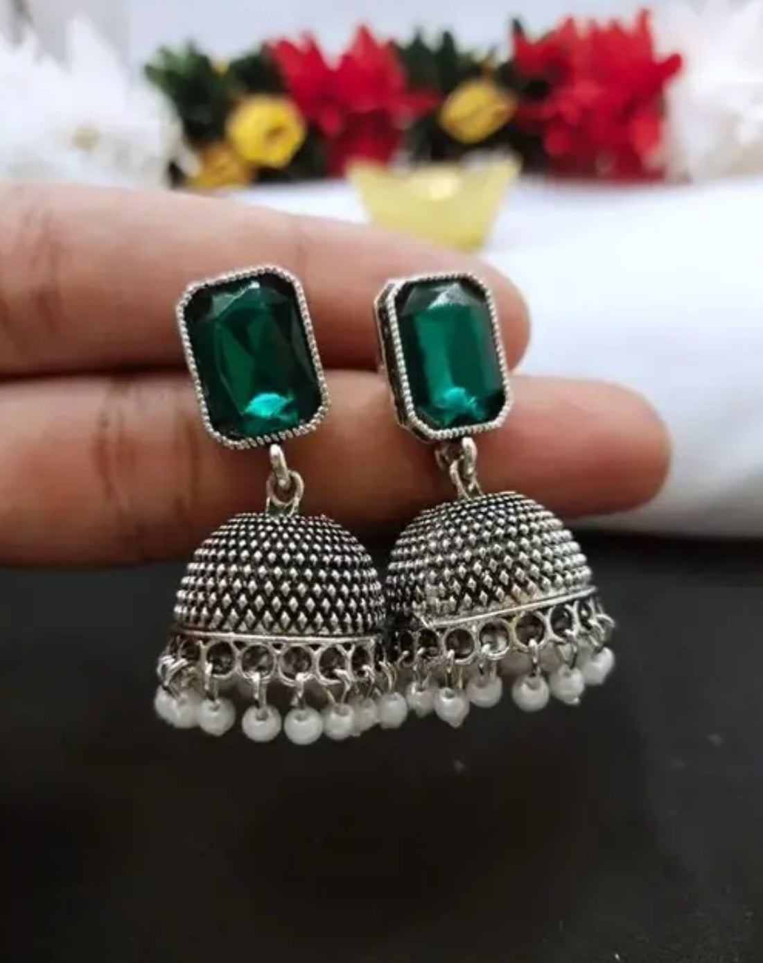 Colorful Oxidised Jhumkas With Articial Stones