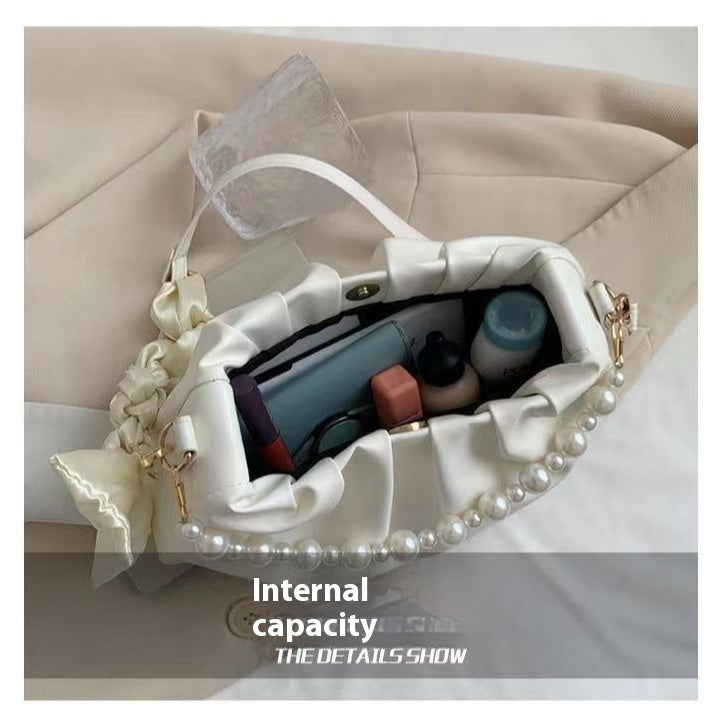 New Summer High-grade Pearl Pleated Cloud Shoulder Handbag