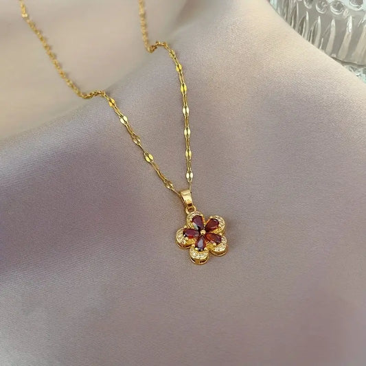 FIVE PETAL RED PENDANT NECKLACE