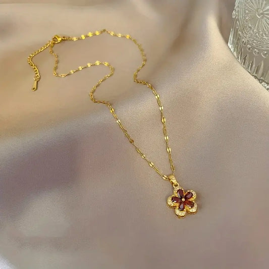 FIVE PETAL RED PENDANT NECKLACE