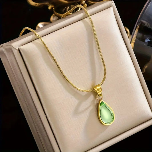 TEARDROP MOON EYE GREEN PENDANT NECKLACE