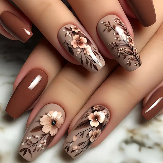 BROWN FLORAL NAILS