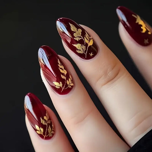 RED WITH GOLDEN LEAF NAILS